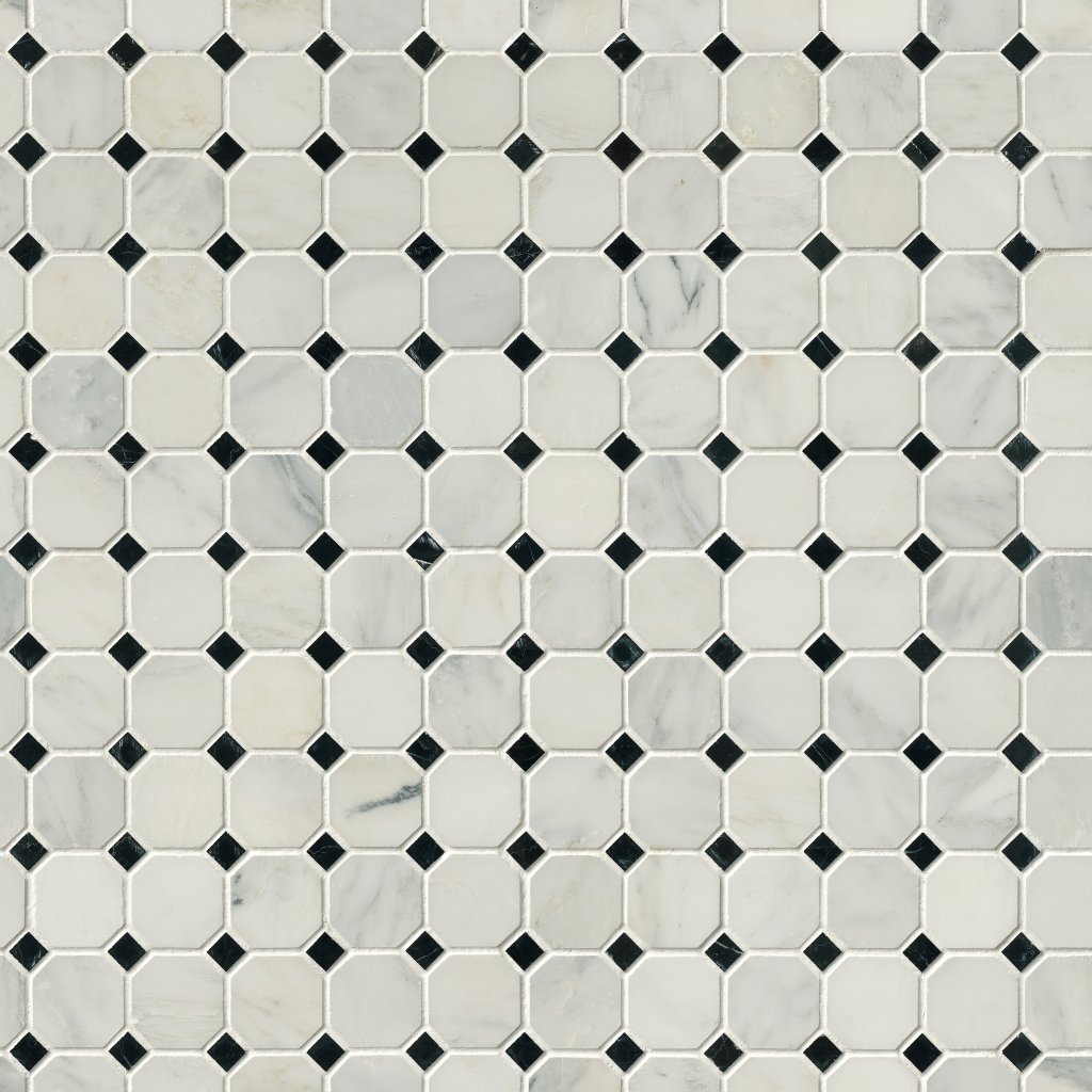 MSI Arabescato Cararra 2" Octagon With Black And White 5/8X5/8 Honed In 12X12 Mesh - Carrara