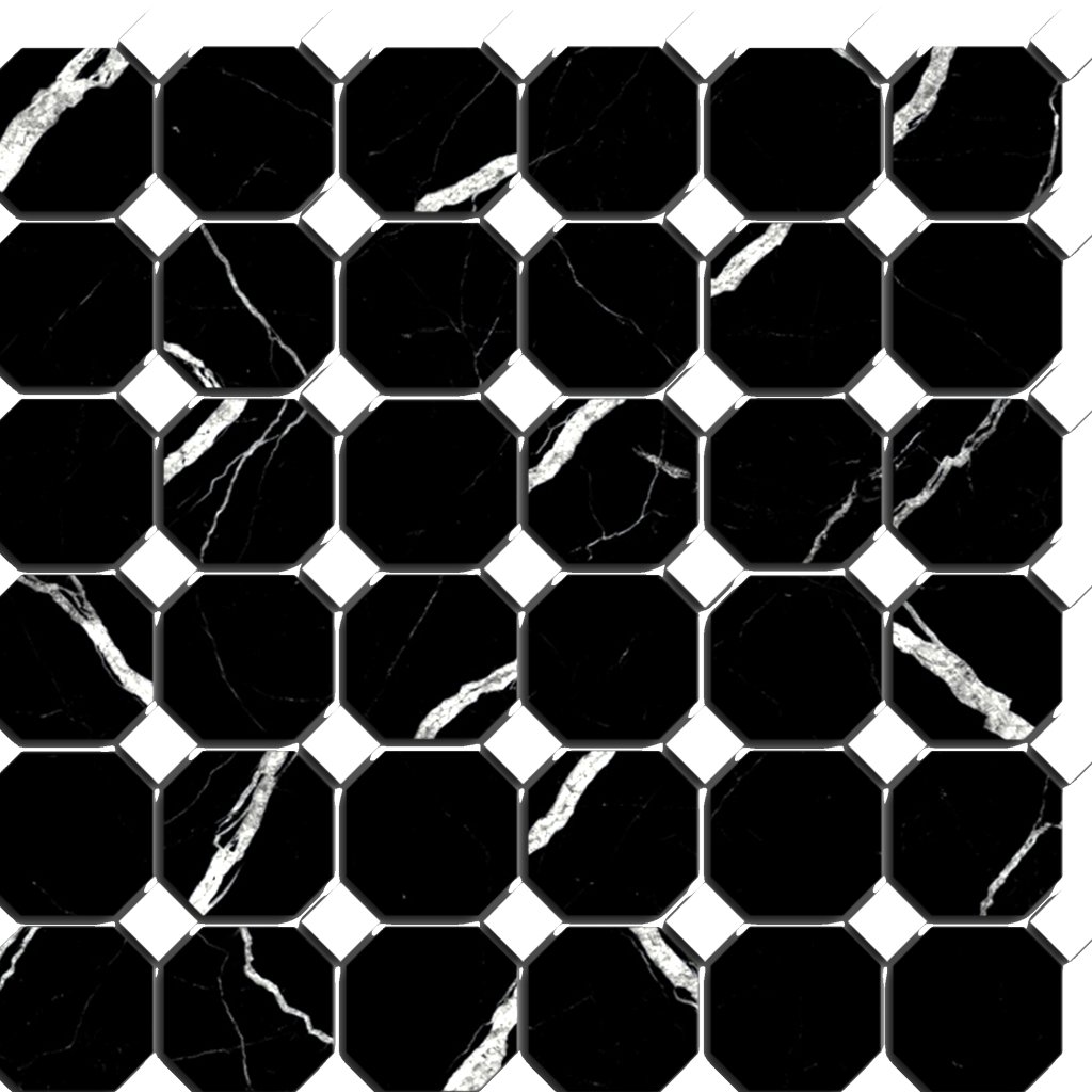 Qualis Ceramica Treasure Octagon/Dot Midnight Nero Polished Mosaic - Black