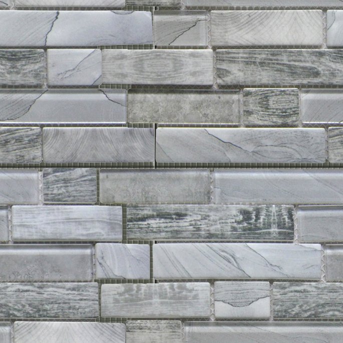 Qualis Ceramica Riviera Tileworks Chelsea Grey Glass Rectangle/Dark Grey Recycled Glass Interlocking Mosaic