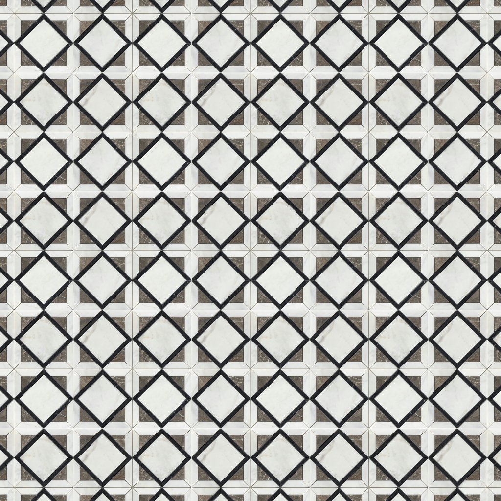 Marble Systems Black, White Pearl, Silver Drop Honed Kent Marble Mosaic 13 9/16x13 9/16 - Black