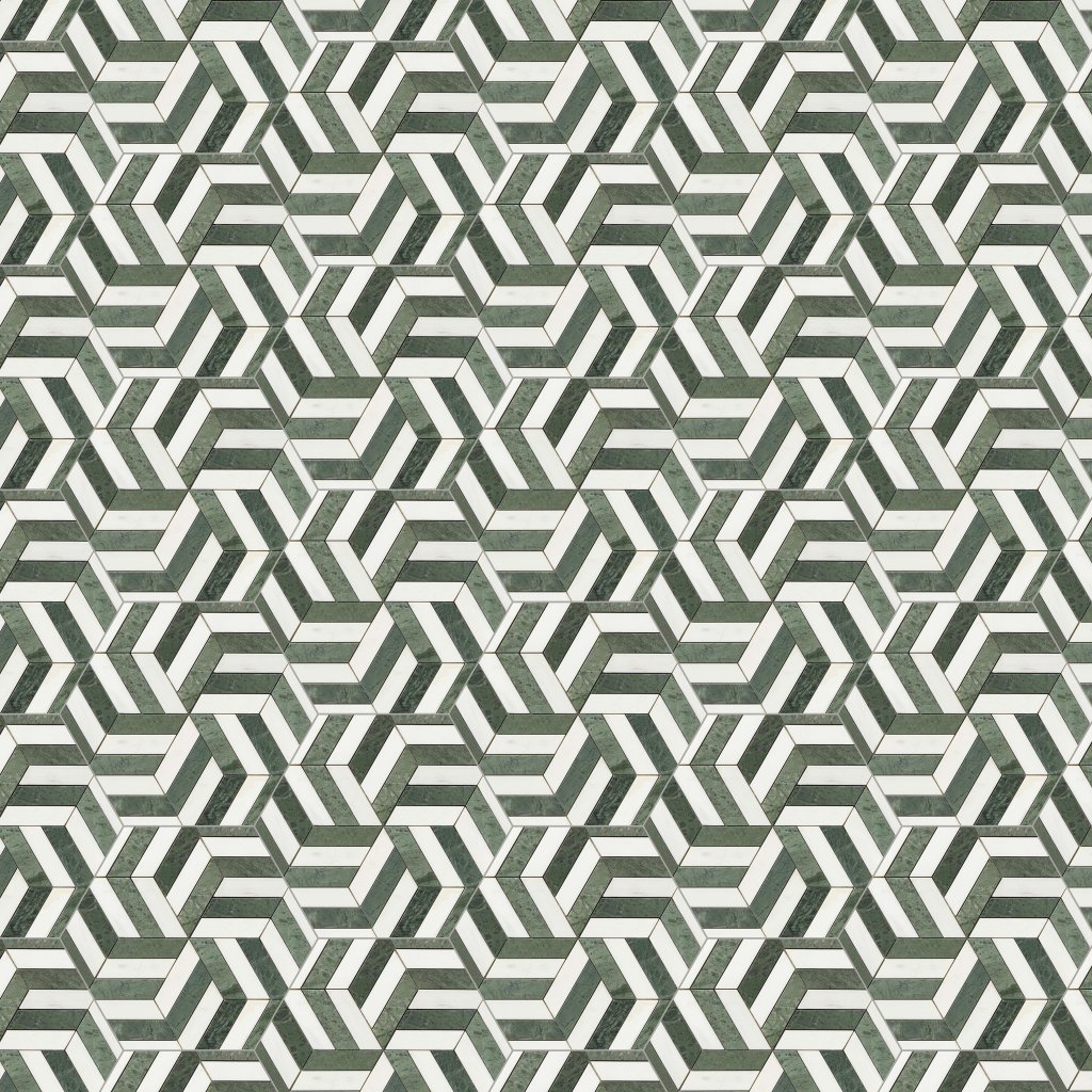Marble Systems Snow White, Verde Tia Honed Windmill Waterjet Marble Mosaic 11 3/4x13 9/16 - Snow White
