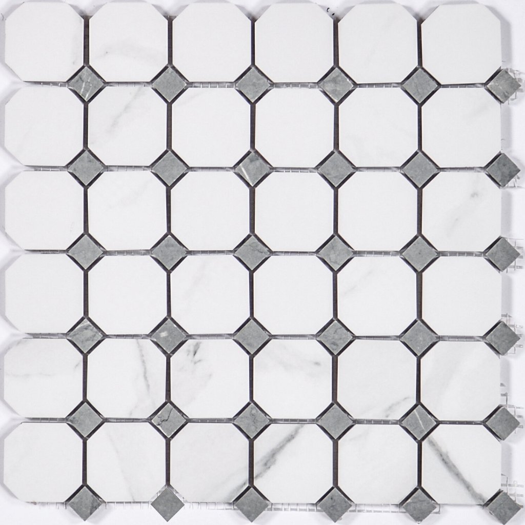Qualis Ceramica Treasure Statuario Polished Octagon/Dot Mosaic - Grey