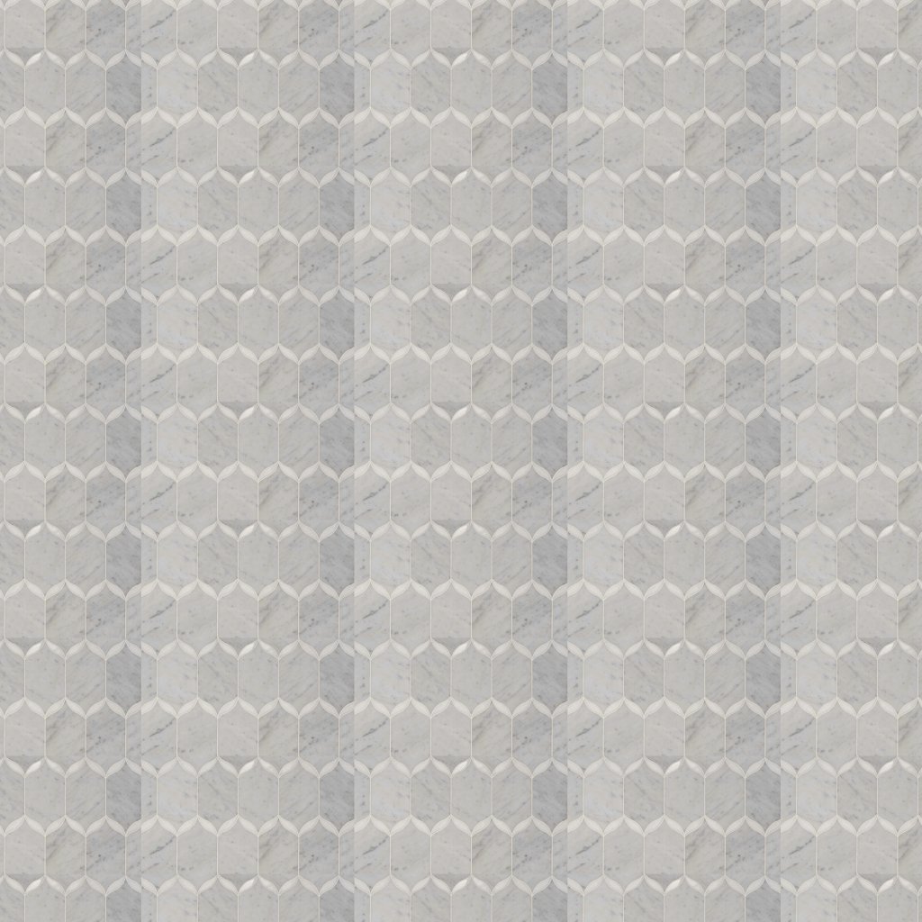 Marble Systems White Carrara, Thassos White Multi Finish Caridad Marble Mosaic 9 23/32x13 1/4 - White Carrara, Thassos White