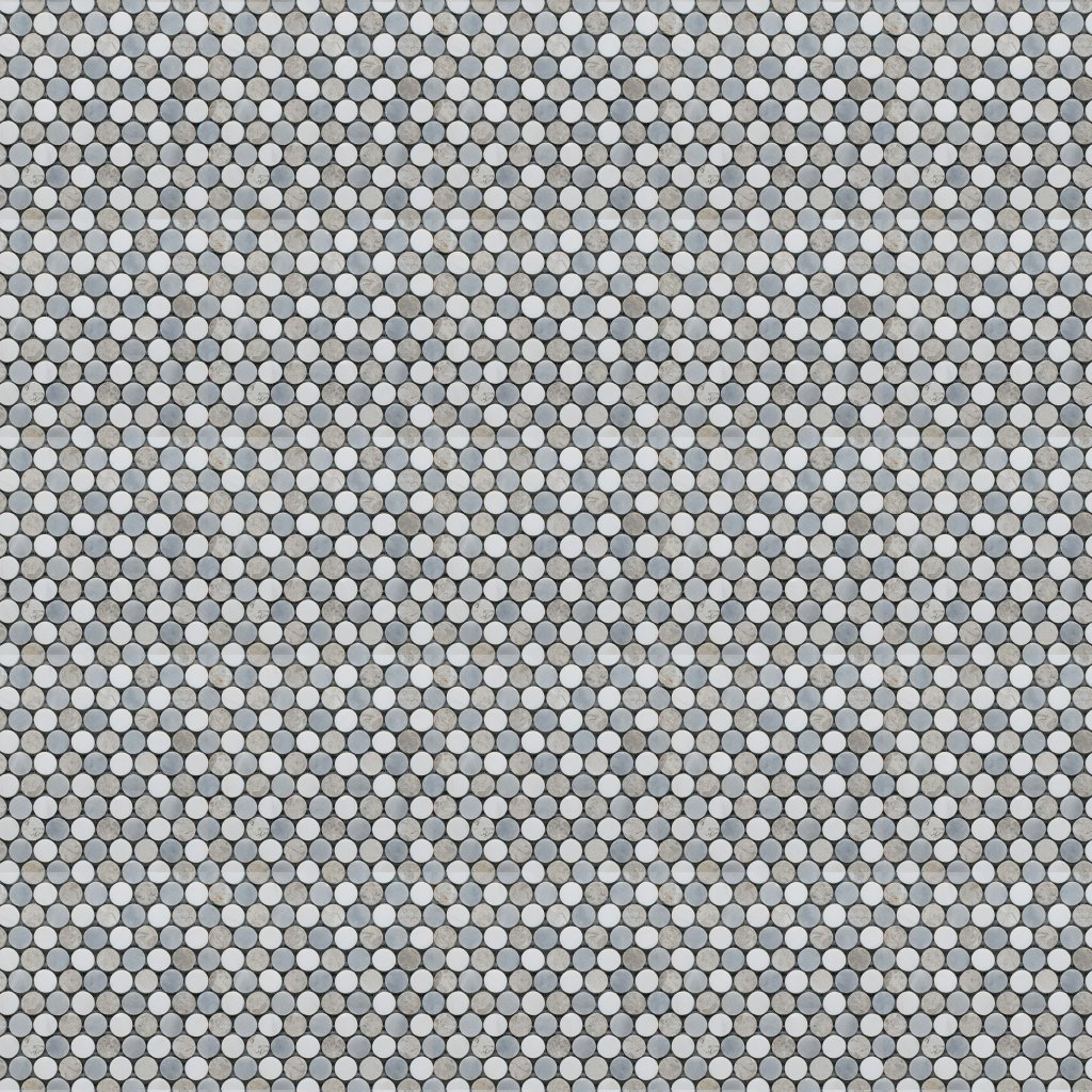 Marble Systems Snow White, Silver Shadow, Allure Light Multi Finish Penny Round 6 Marble Mosaic 10 1/16x11 13/16 - Snow White, Silver Shadow, Allure Light