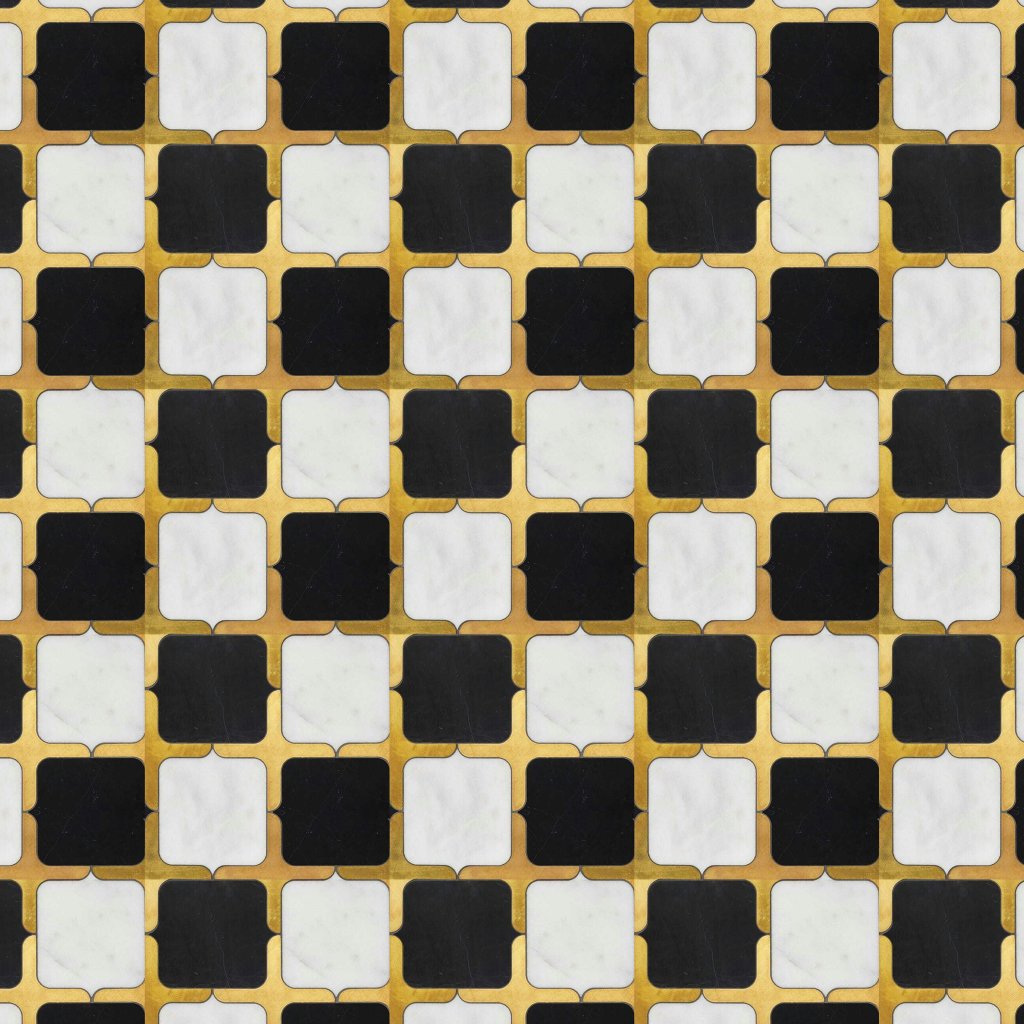 Marble Systems Black, Glacier, Brass Honed Emerson Marble Mosaic 13 23/32x13 23/32 - Black, Glacier, Brass