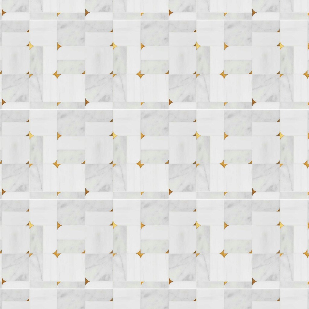 Marble Systems Glacier, Snow White, Brass Multi Finish Blocks Marble Mosaic 16 5/8x16 5/8 - Glacier, Snow White, Brass