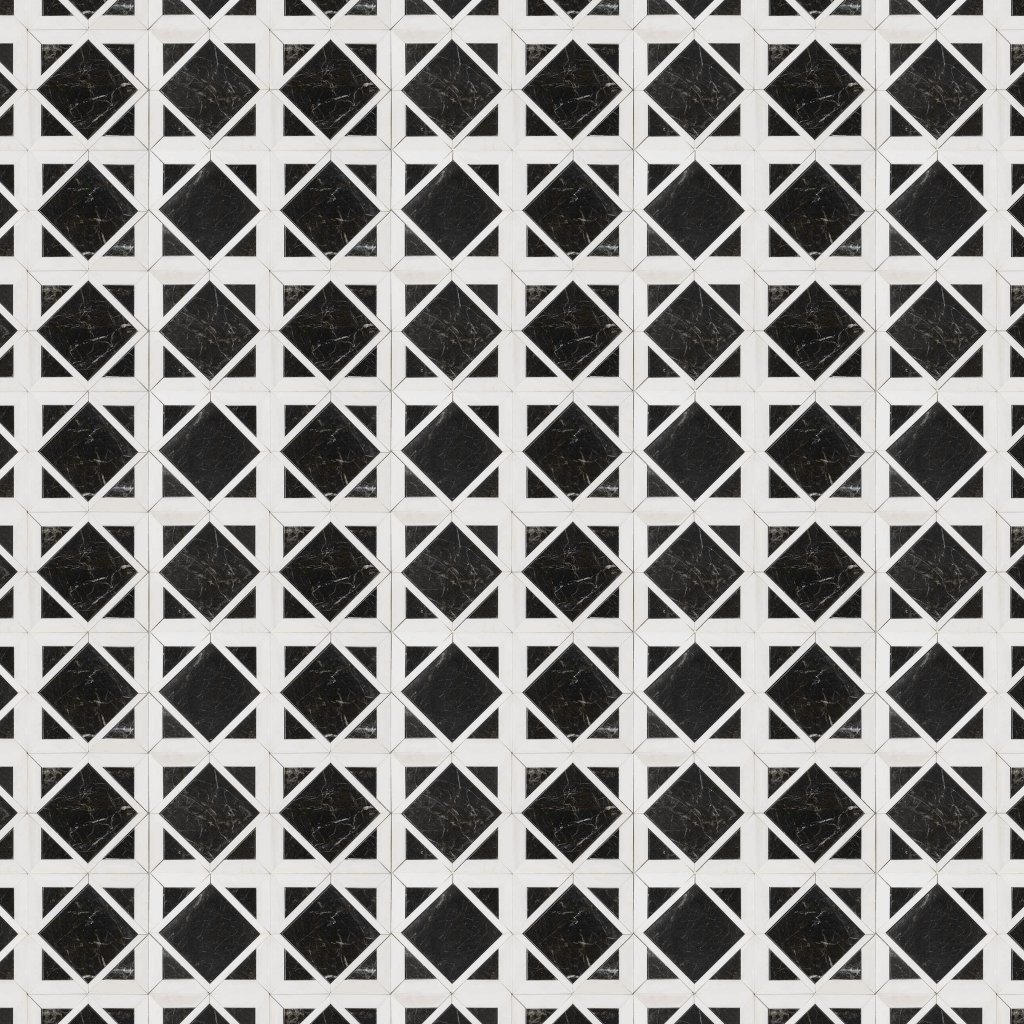 Marble Systems Snow White, Black Multi Finish Kent Marble Mosaic 13 9/16x13 9/16 - Snow White, Black