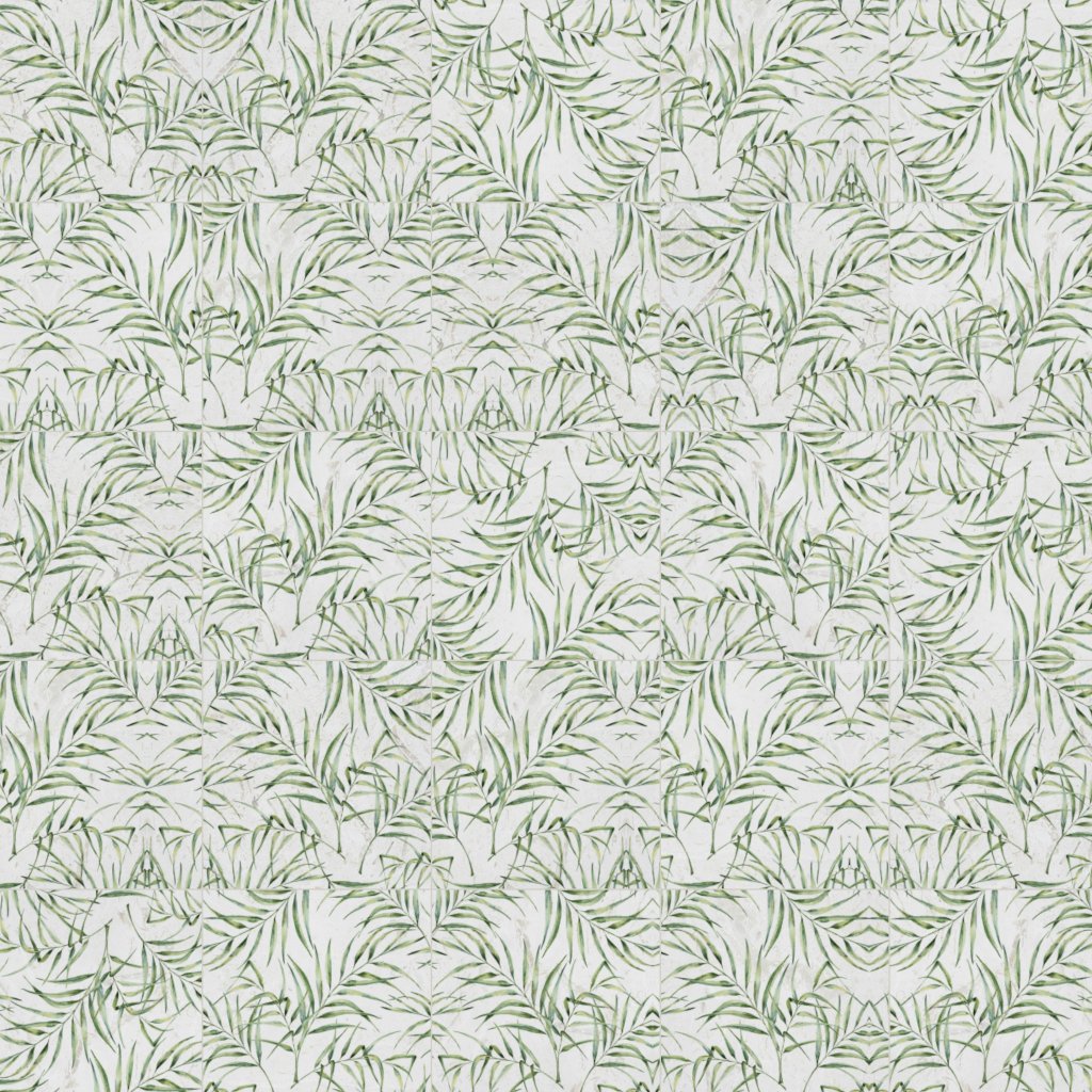 Qualis Ceramica Chelsea Collection 6"x6" Green Palm Leaf Printed Beige Marble