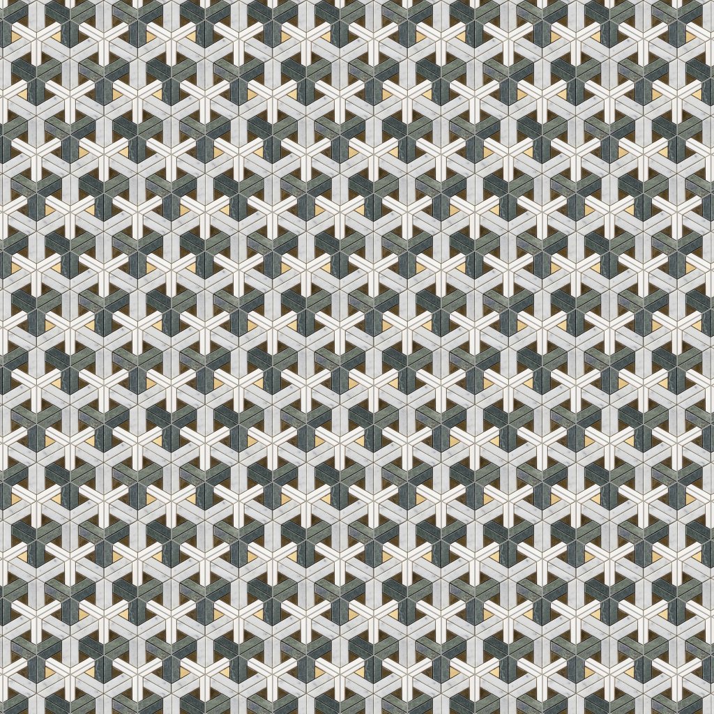 Marble Systems Snow White, Brass, Verde Tia, White Carrara Honed Fence Waterjet Marble Mosaic 12x12 - Snow White