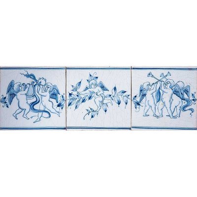 Marble Systems Musical Cherubs Full Border Blue Glazed Ceramic Border Tiles 5x15 - Musical Cherubs Full Border Blue - 5" x 15" x 3/8"