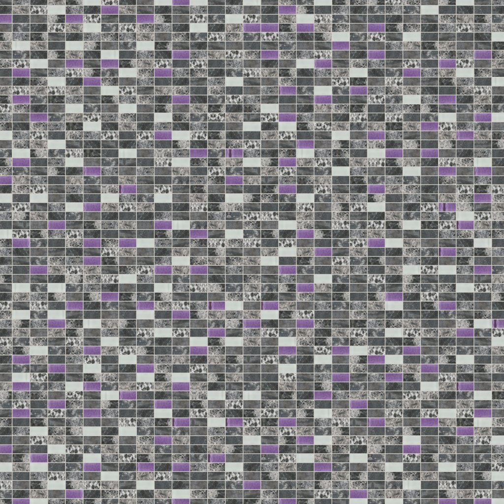 Qualis Ceramica Riviera Tileworks Chelsea Grey Polished QUartzite Purple & White Glass Mosaic 1"x2"